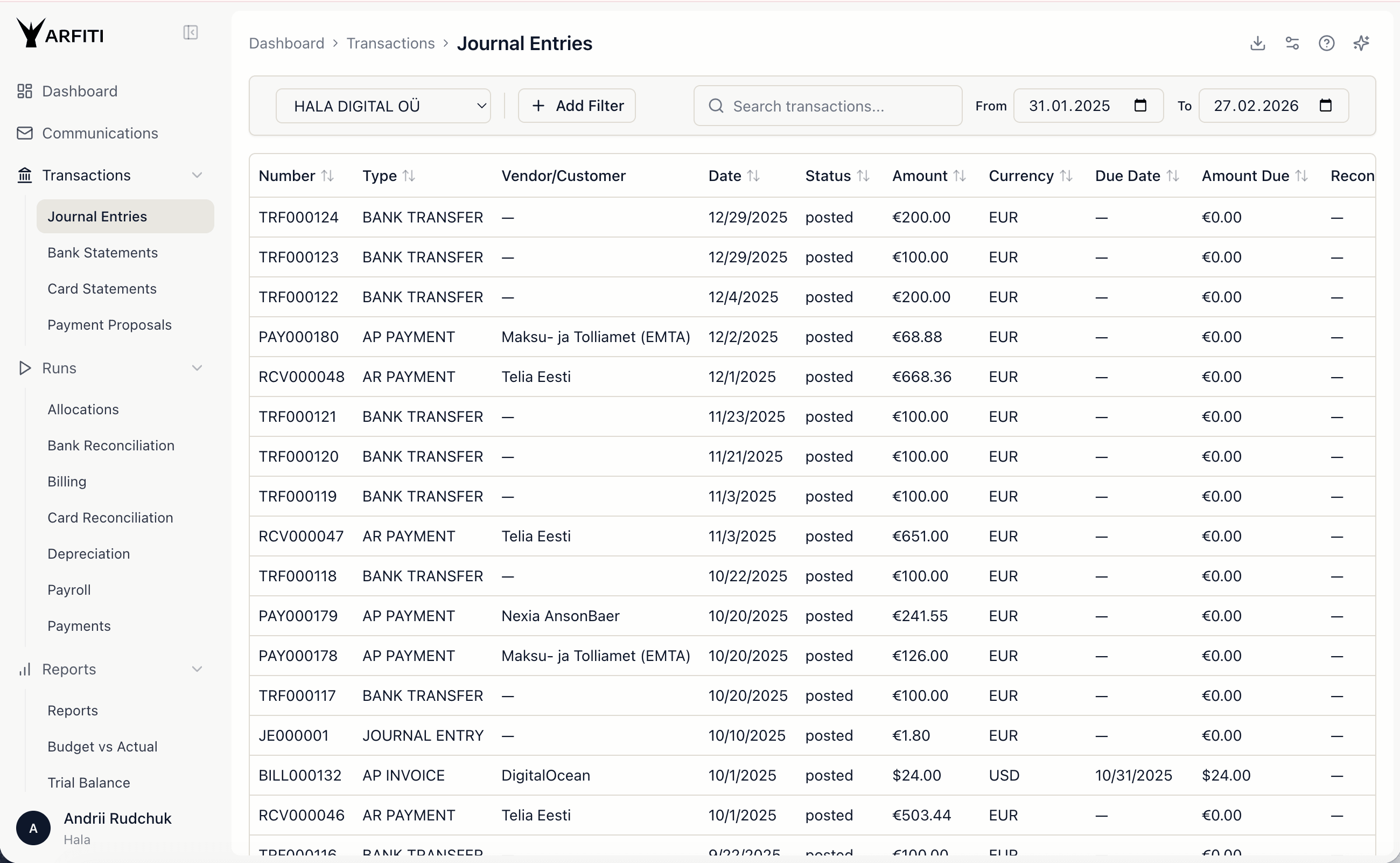 Artifi admin panel showing journal entries, transaction list, and financial data