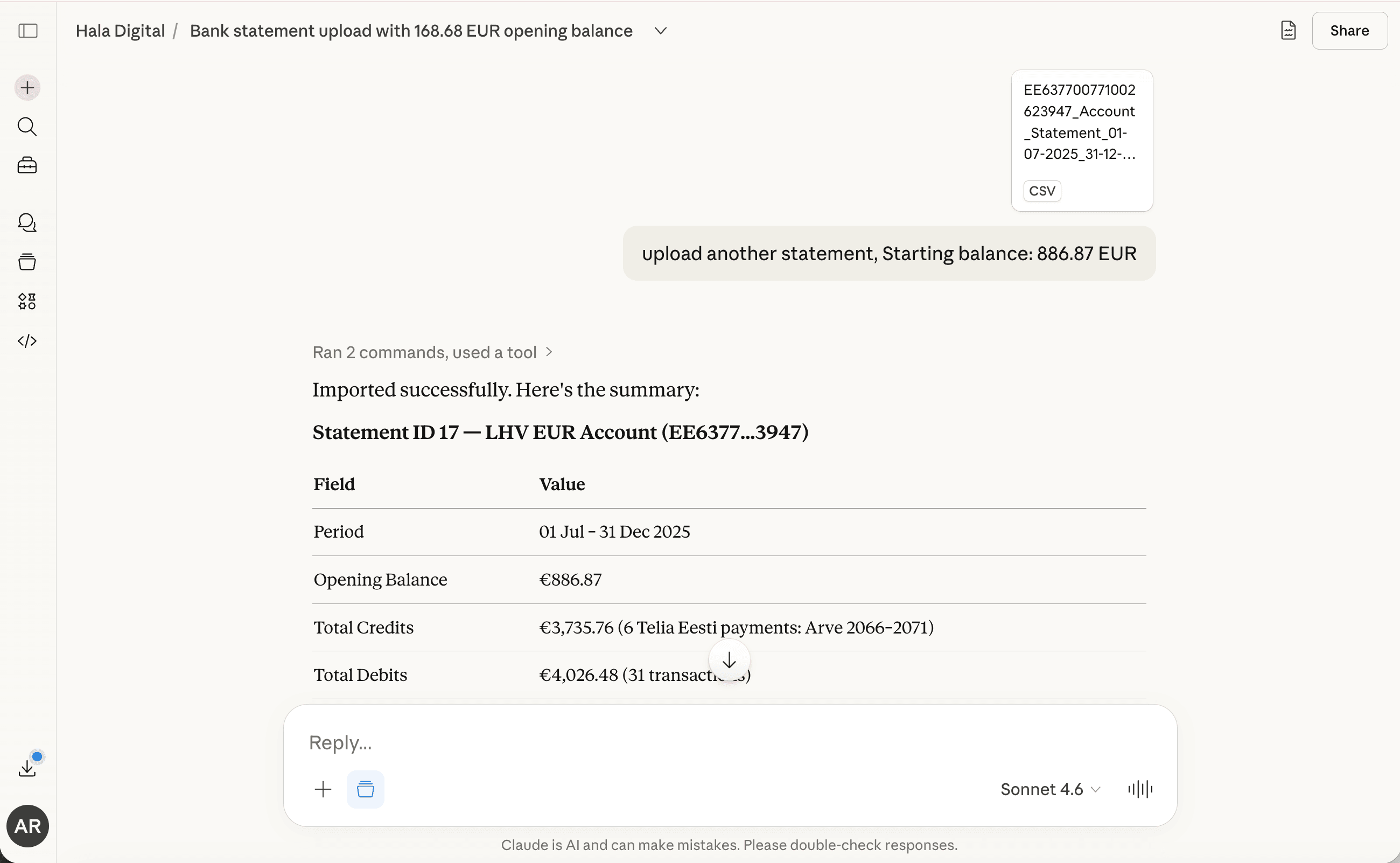 Claude.ai conversation showing bank statement upload and financial data processing