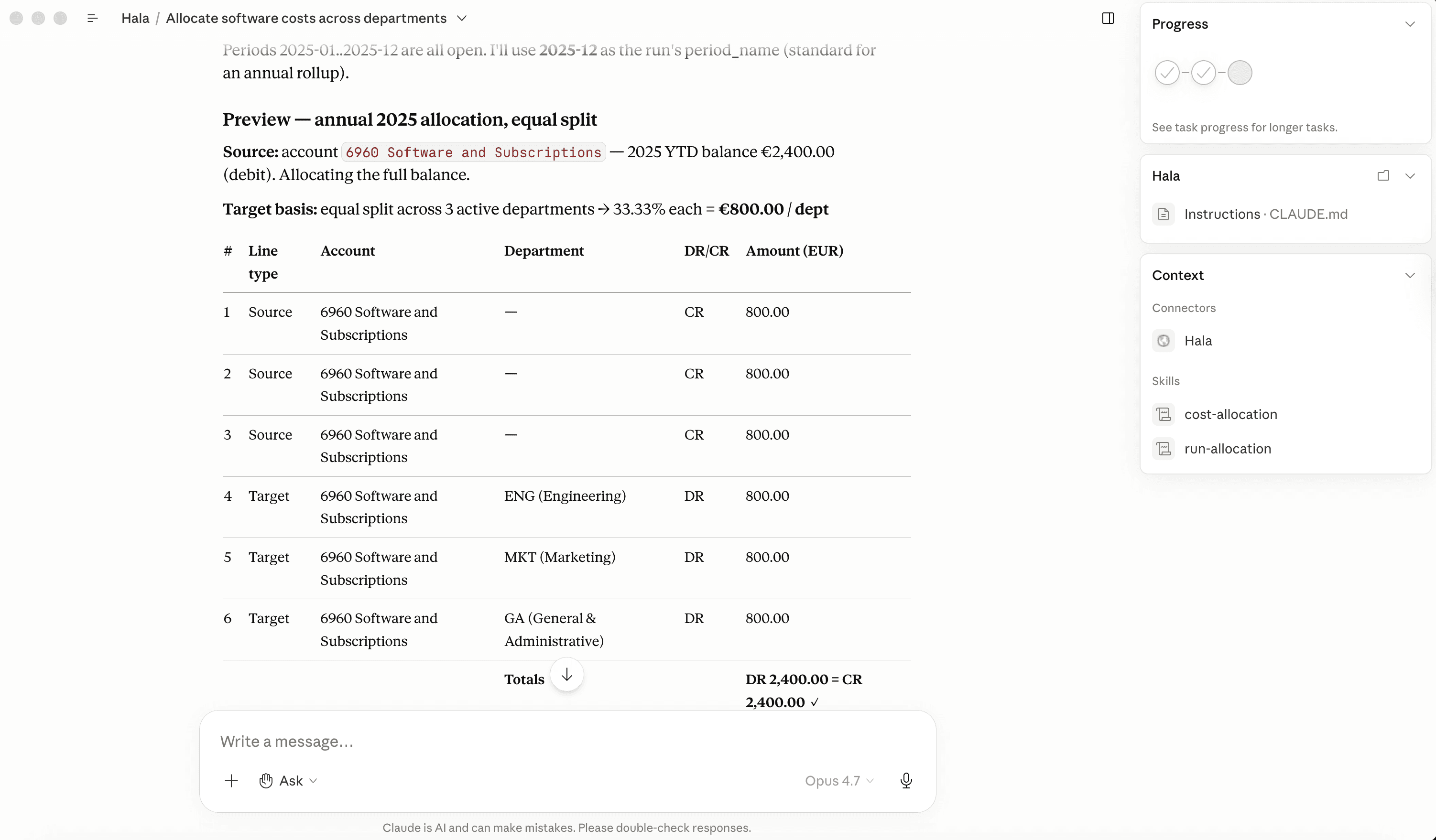 Claude shows a proposed allocation preview with debits and credits balanced at €2,400; nothing has been posted yet (sample data).