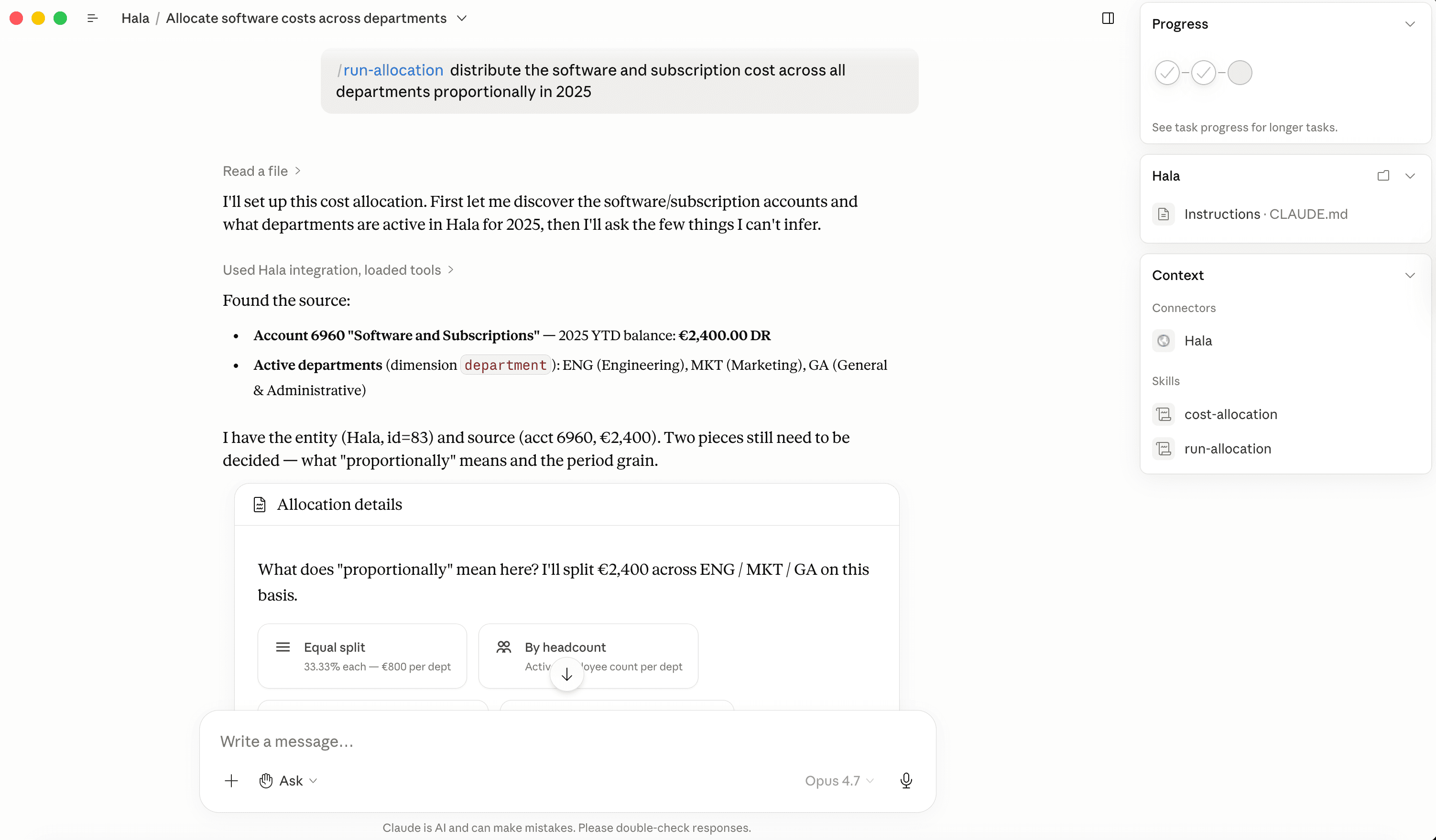 Claude reads the software account and asks the user to choose an allocation basis for a cost allocation (sample data).